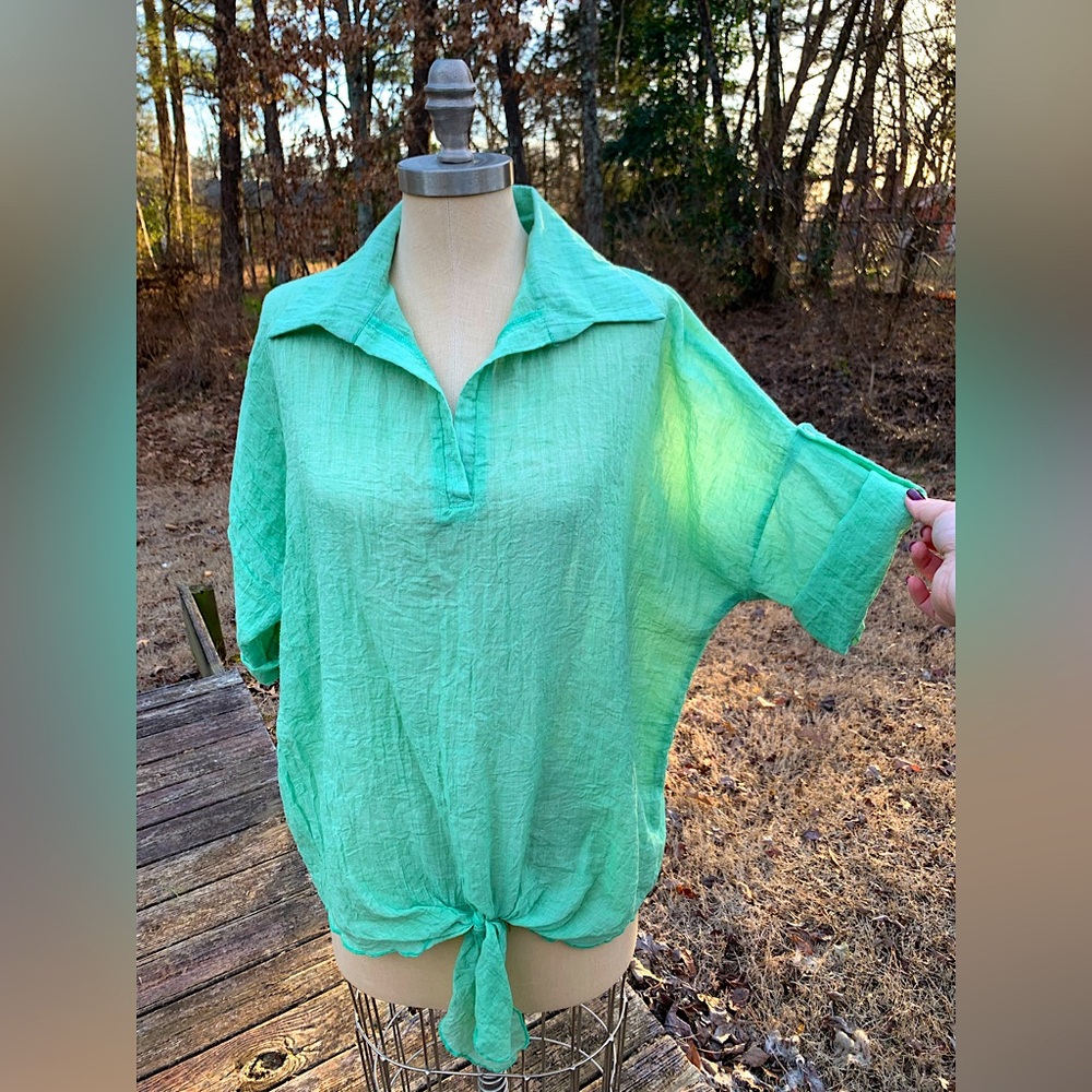 Linen/cotton Collared Tie Blouse